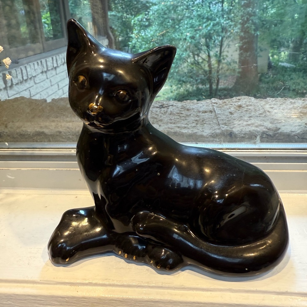 Elegant Black Ceramic Cat Figurine with Gold Paint Highlights